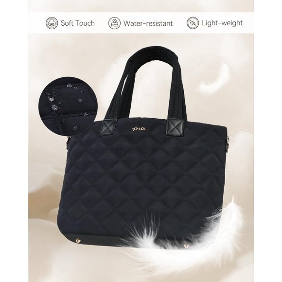Prite Women Black Polyester Compartment Quilted Puffer Shoulder Tote Work Bag - Picture 4 of 7
